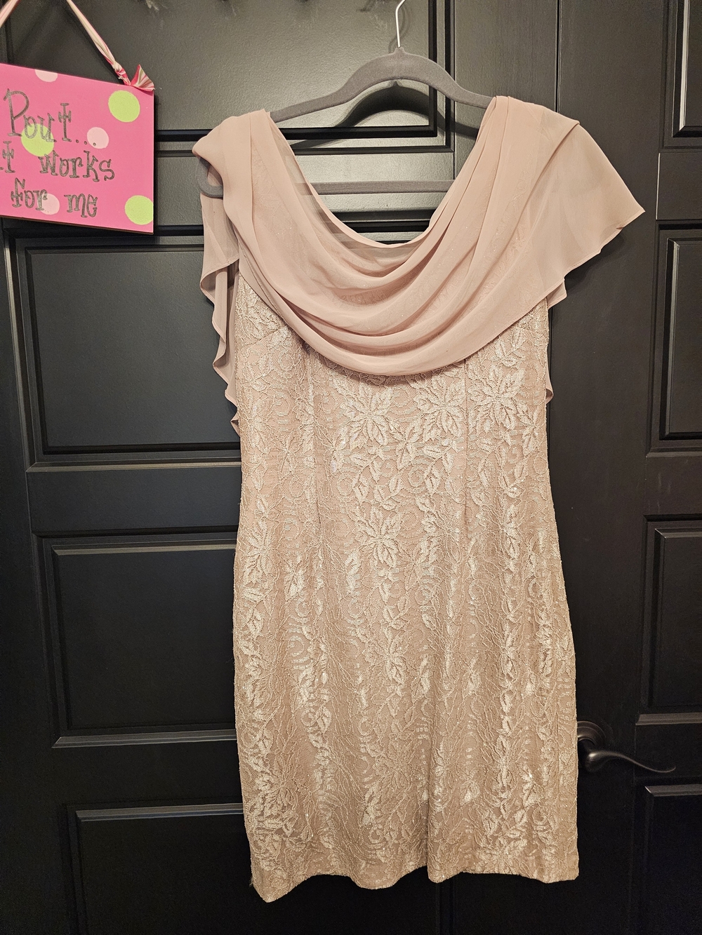Jessica Howard Blush Pink Lace Cocktail Dress with Draped Chiffon Overlay